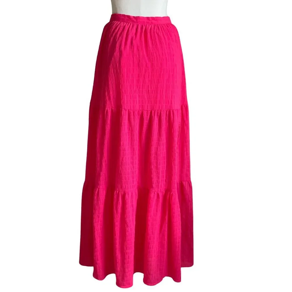 Pink Lily Hot Pink Maxi Tiered Skirt Side Slit Zip Waist Size S - Picture 8 of 9